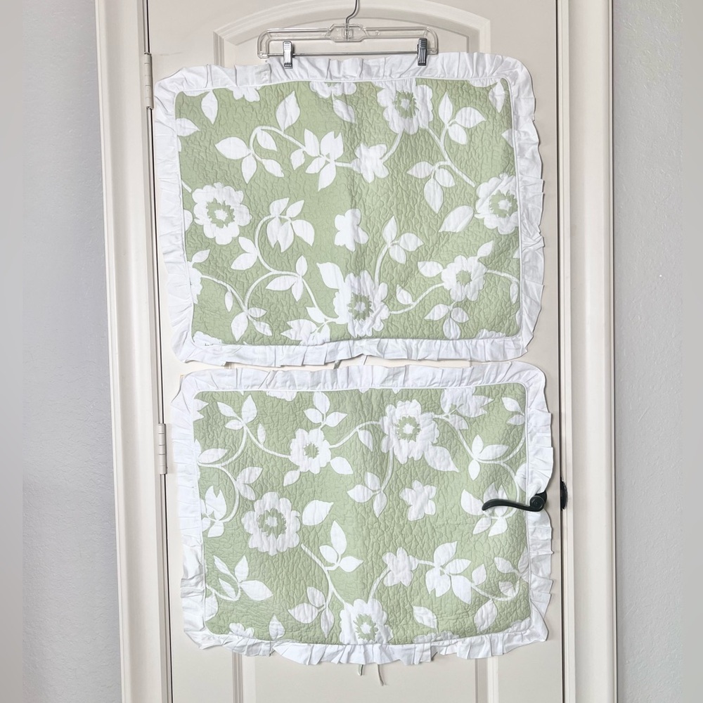 Victoria Hill Set of 2 Quilted Floral Pillow Shams Lime Green & White Cotton